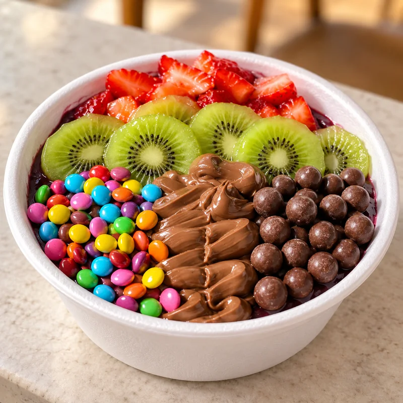 Açaí no isopor com morango, kiwi e chocolate