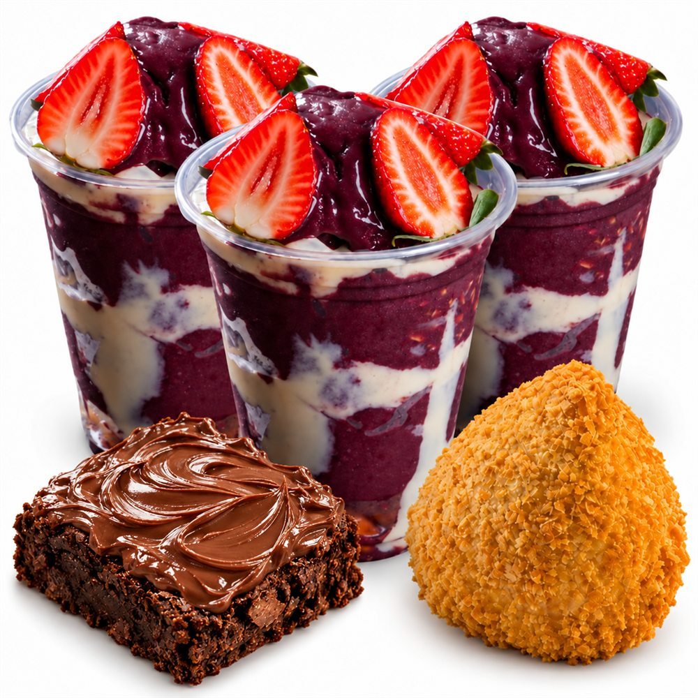 Especial Dia das Crianças com três açaís de 550 ml, brownie com Nutella e coxinha