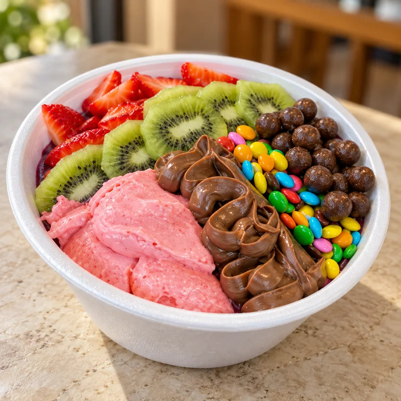 Açaí no isopor com frutas, chocolates e confeitos