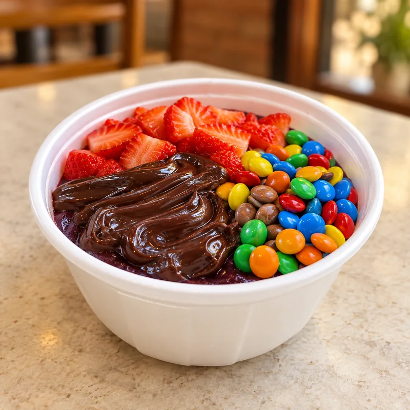 Açaí no isopor com morango, chocolate e confeitos